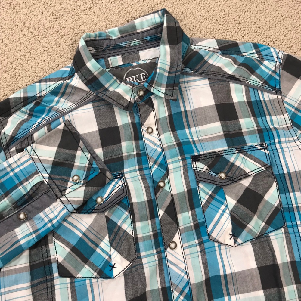 BKE Mens Standard Fit Plaid Western Snap Button Shirt Blue Grey White Large